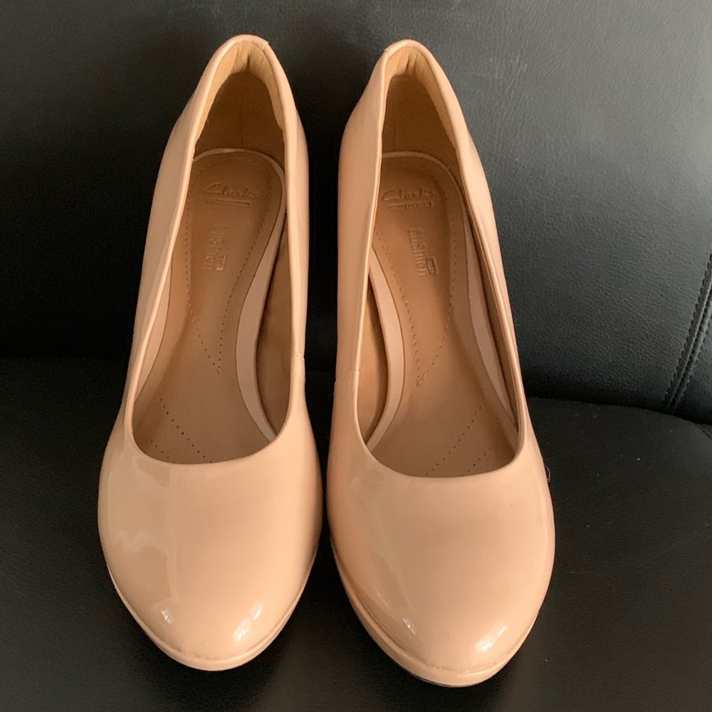 Clarks Nude Patent Leather Platform Heel